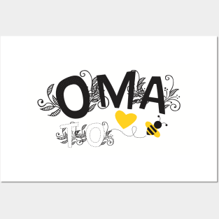 Oma To Be | Modern Cute Black And White Floral Typography With Yellow Bee And Heart | New Baby Announcement Posters and Art